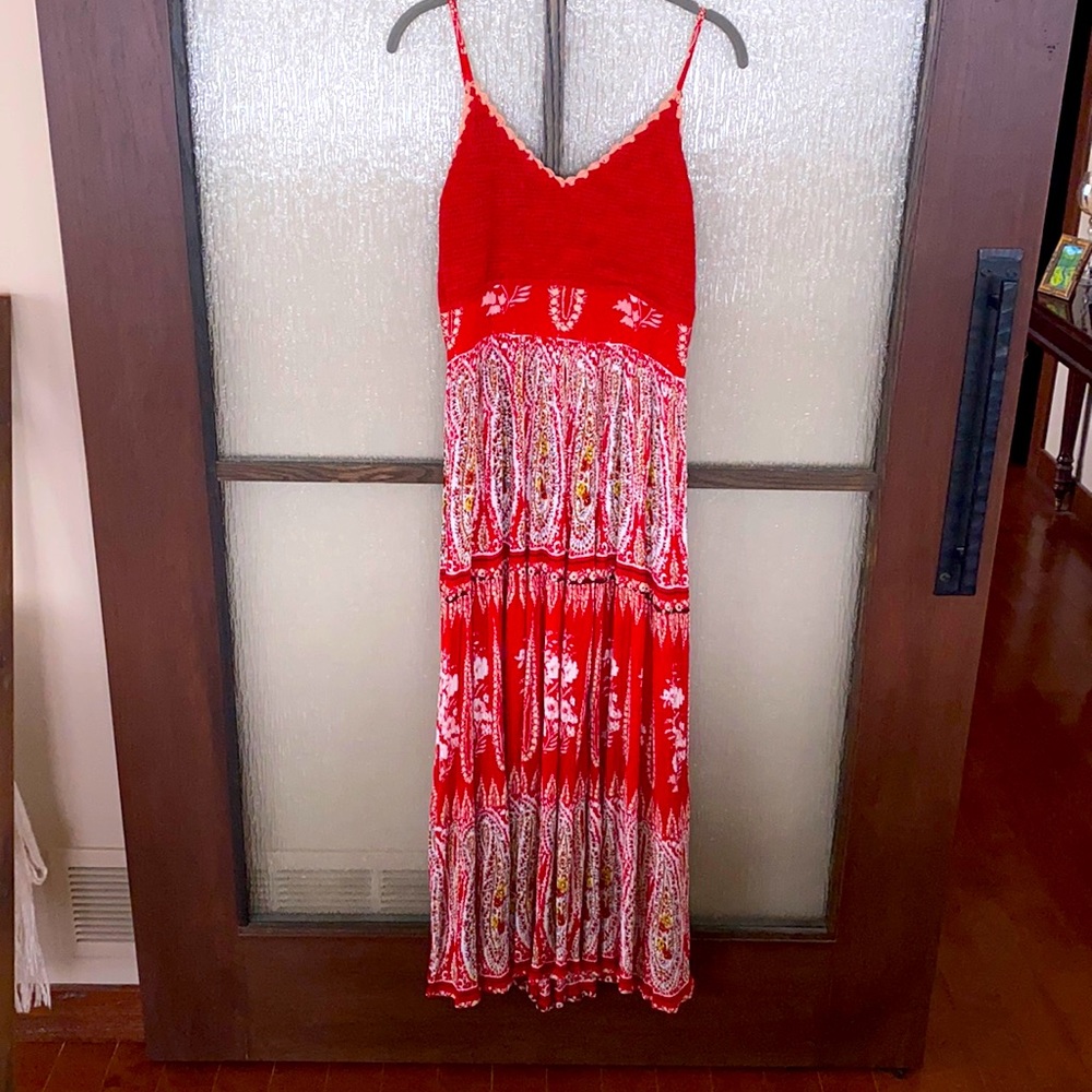 Anthropologie crochet top maxi dress in beautiful red. Adjustable straps. Corset